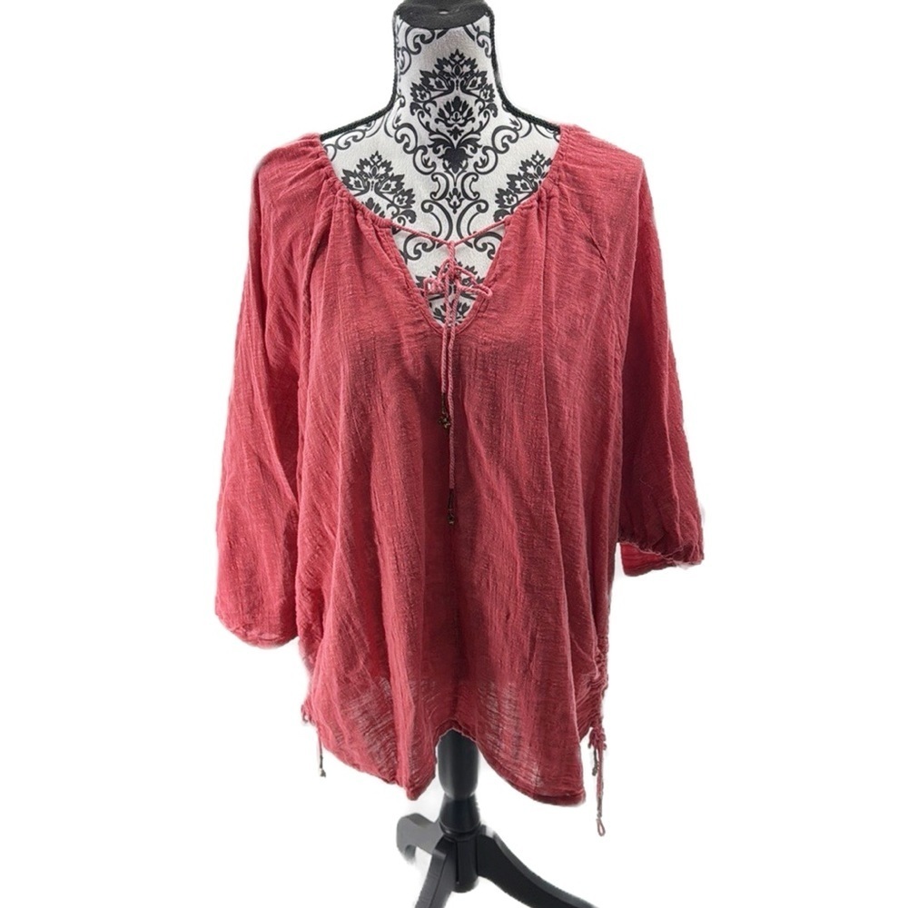 Free People 100% Cotton Free Flowing Soft Colors Beaded drawstring Lace-up Top